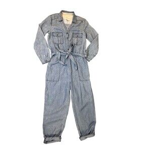 Anthropologie Pilcro Womens Small Jumpsuit Lyocell Chambray Denim Blue Roll Tab